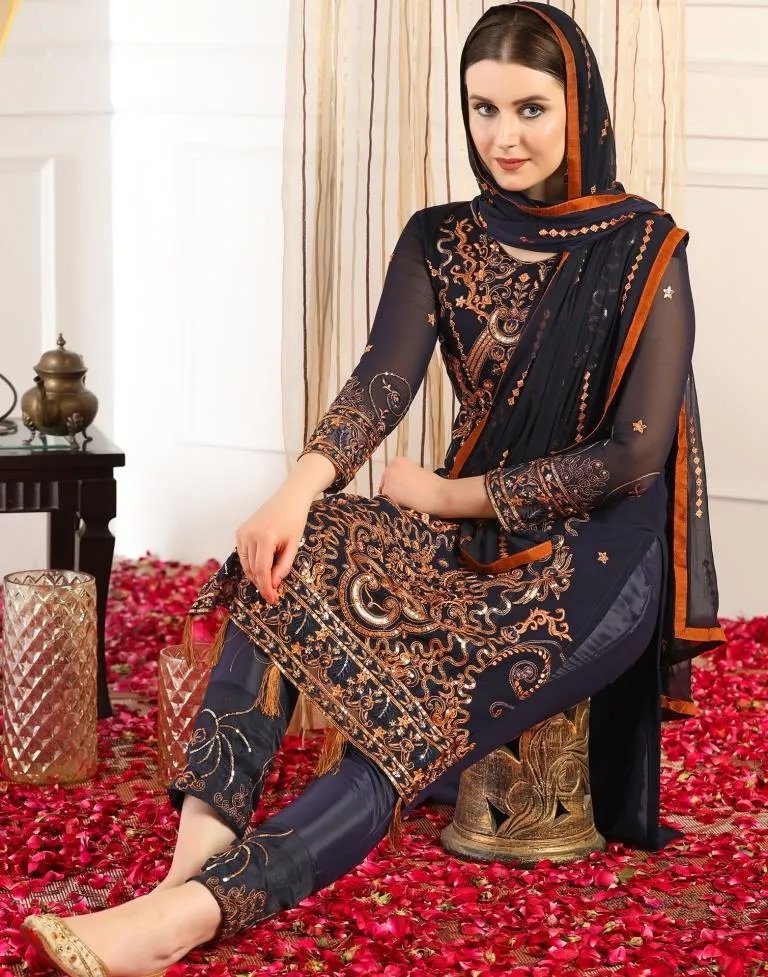 Navy Blue Plain Georgette Unstitched Salwar Suit Material