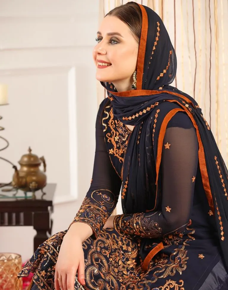 Navy Blue Plain Georgette Unstitched Salwar Suit Material