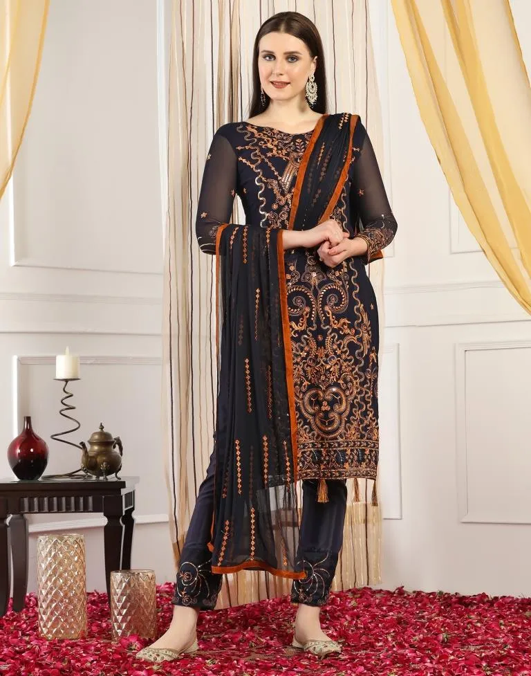 Navy Blue Plain Georgette Unstitched Salwar Suit Material