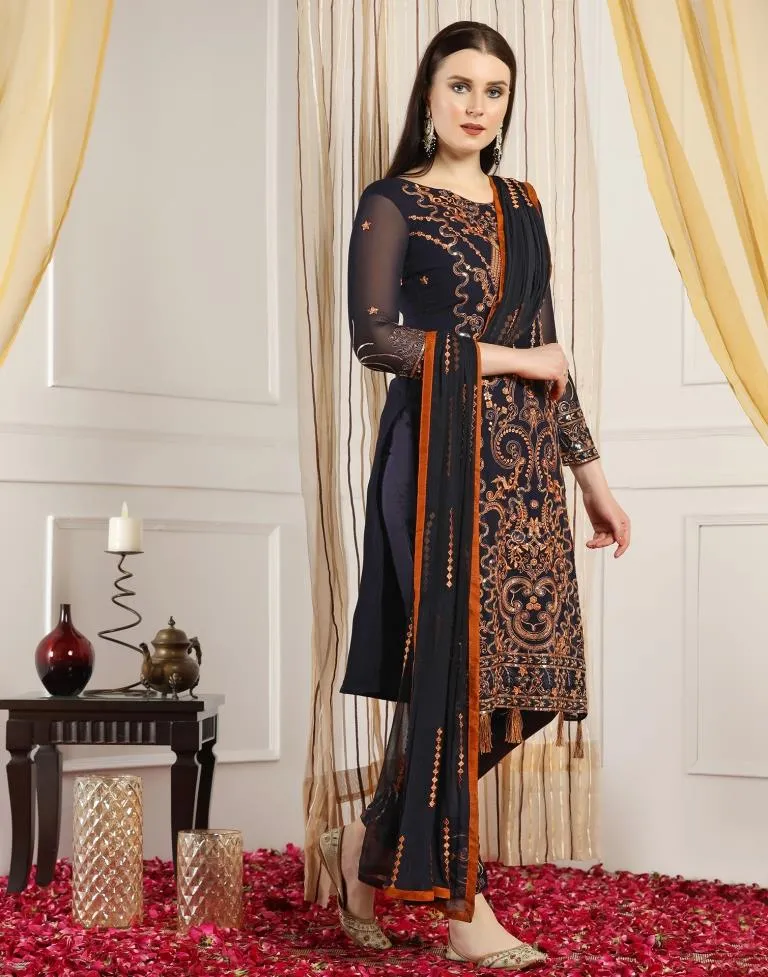 Navy Blue Plain Georgette Unstitched Salwar Suit Material