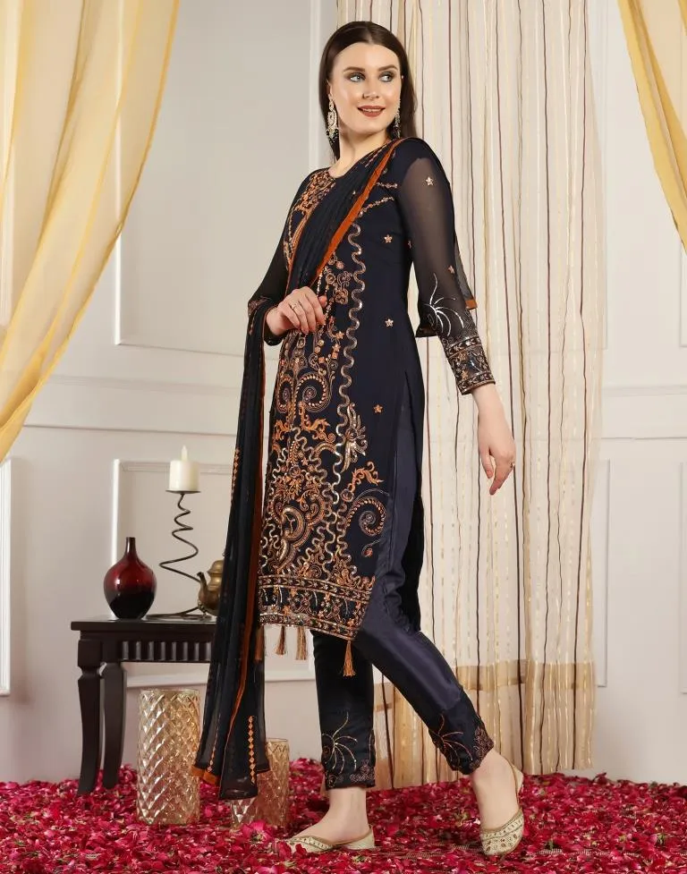 Navy Blue Plain Georgette Unstitched Salwar Suit Material