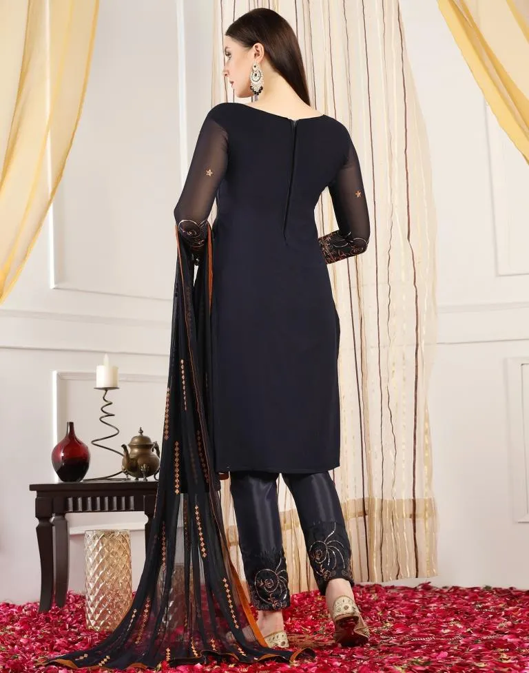 Navy Blue Plain Georgette Unstitched Salwar Suit Material