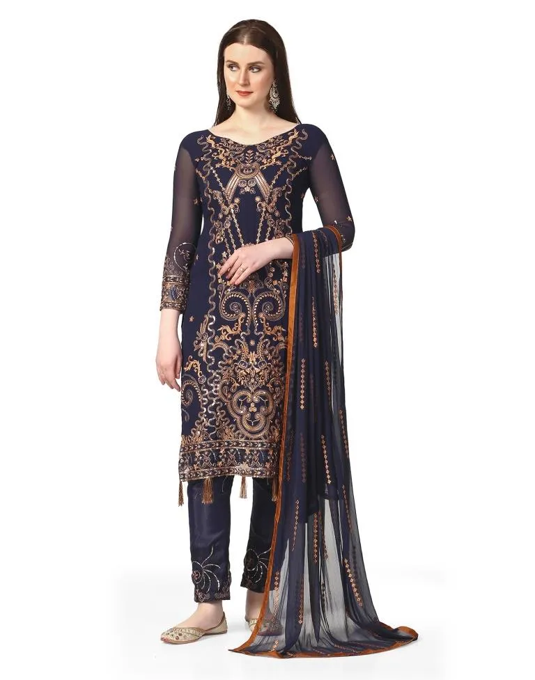 Navy Blue Plain Georgette Unstitched Salwar Suit Material