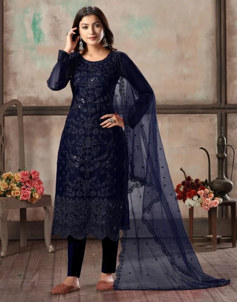 Navy Blue Plain Net Unstitched Salwar Suit Material