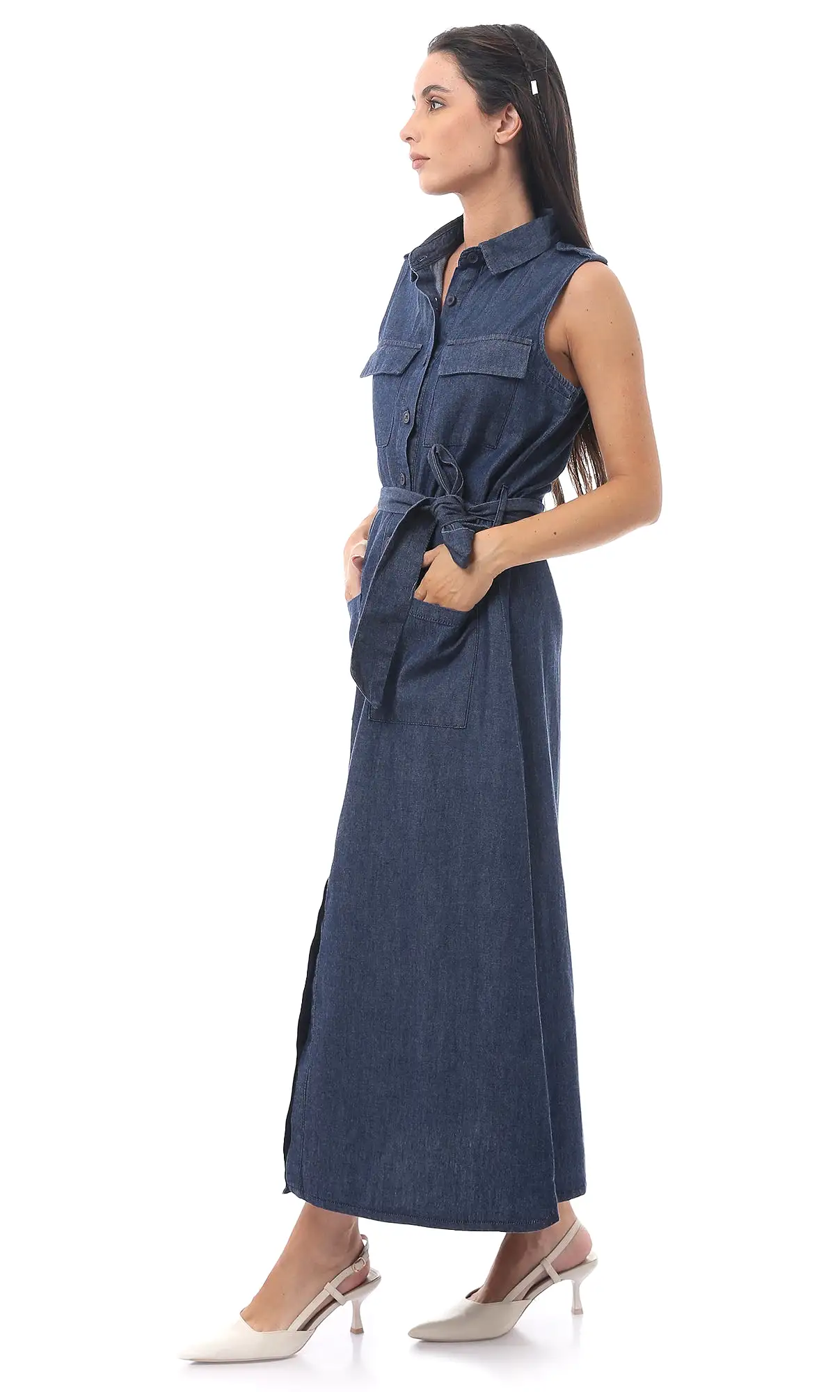 O170882 Dark Blue Jeans Sleeveless Cotton Dress