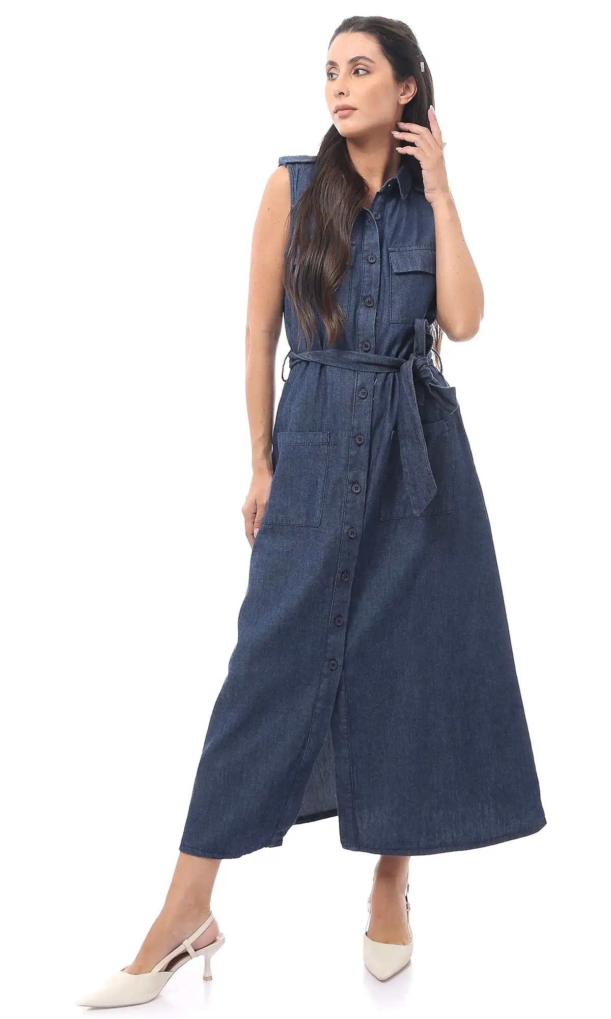 O170882 Dark Blue Jeans Sleeveless Cotton Dress