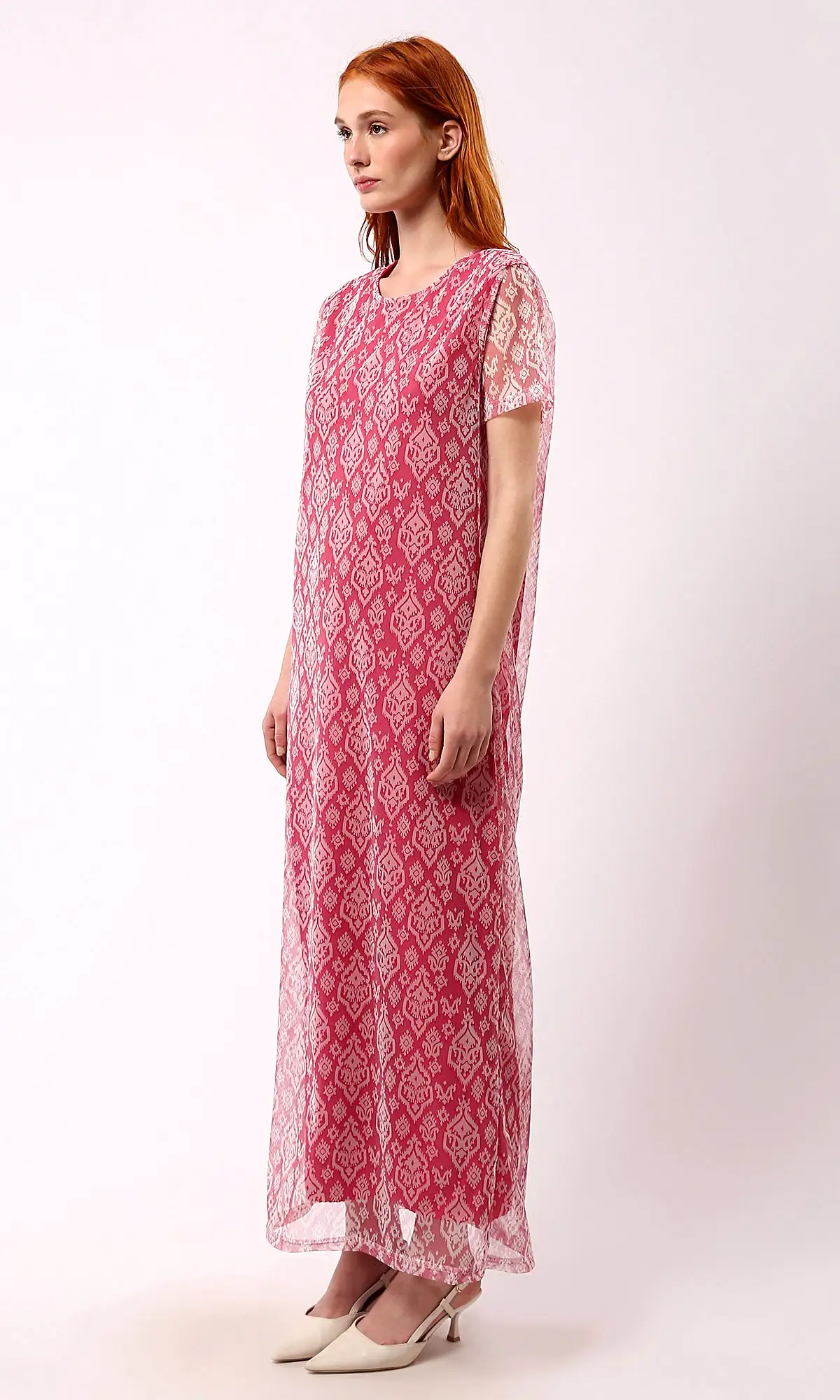 O178302 Sheer Short Sleeves Patterned Fuchsia Maxi Dress