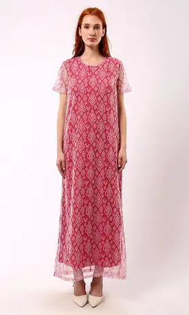 O178302 Sheer Short Sleeves Patterned Fuchsia Maxi Dress