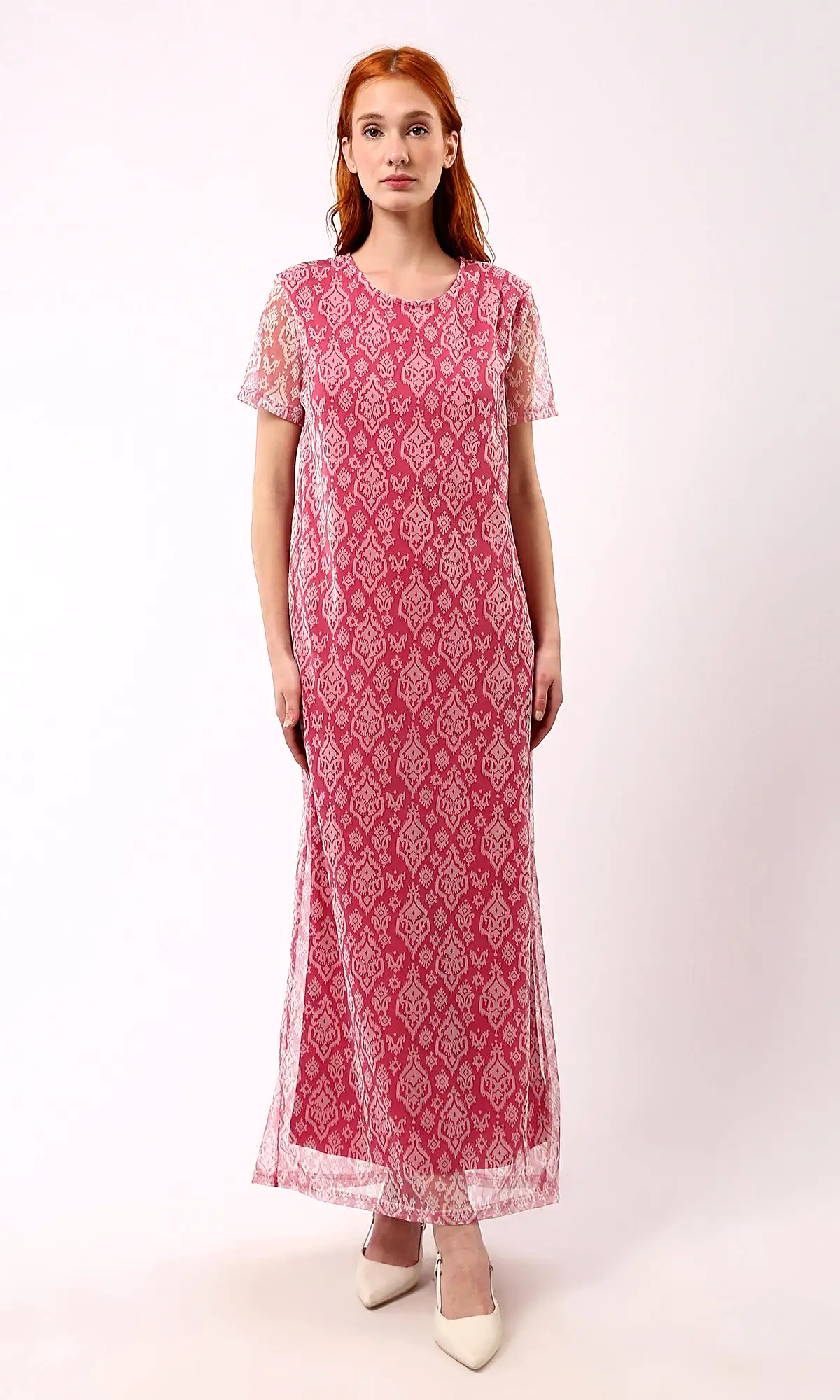 O178302 Sheer Short Sleeves Patterned Fuchsia Maxi Dress