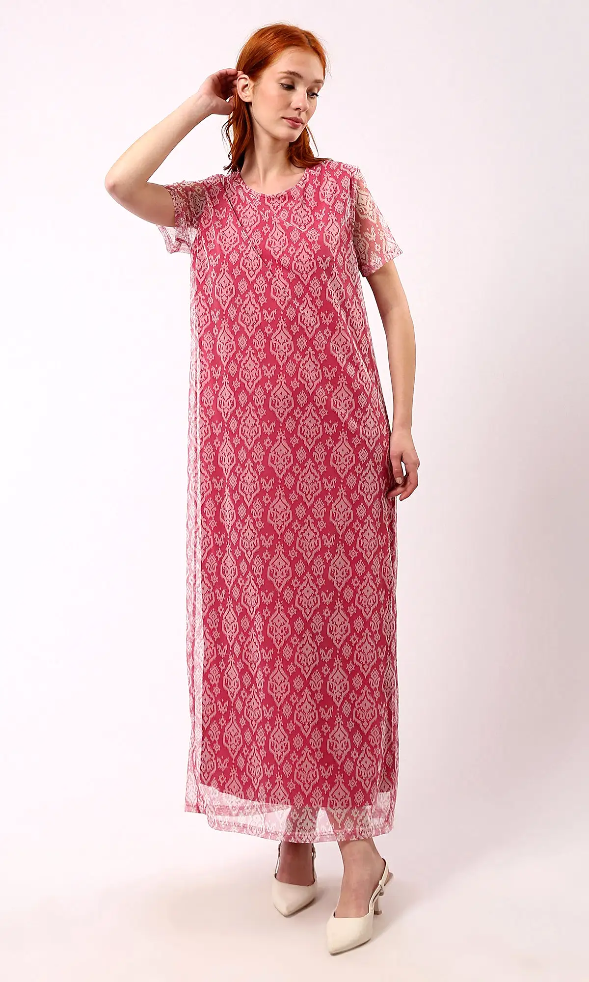 O178302 Sheer Short Sleeves Patterned Fuchsia Maxi Dress