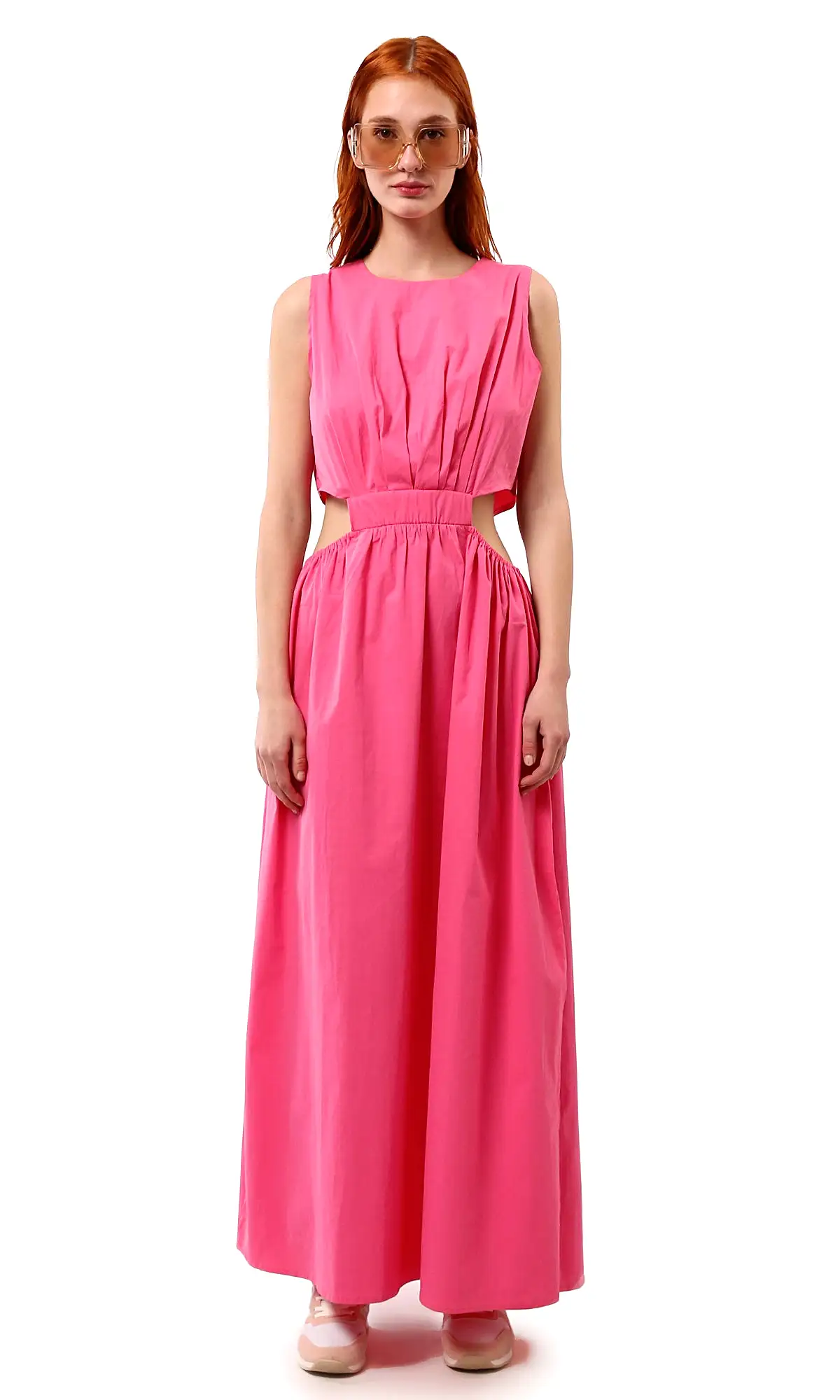 O178817 Fuchsia Elastic Waist Slip On Summer Maxi Dress