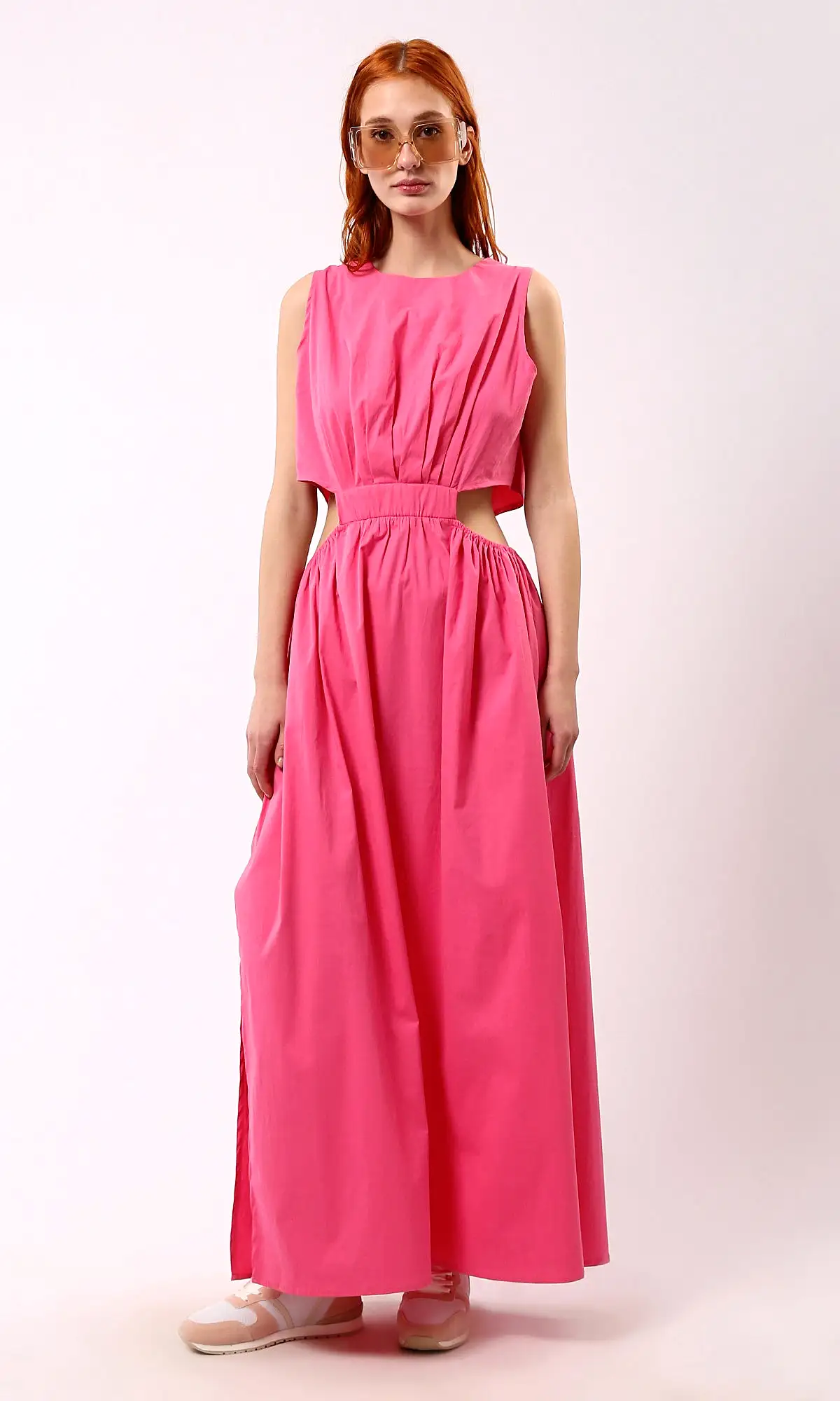 O178817 Fuchsia Elastic Waist Slip On Summer Maxi Dress