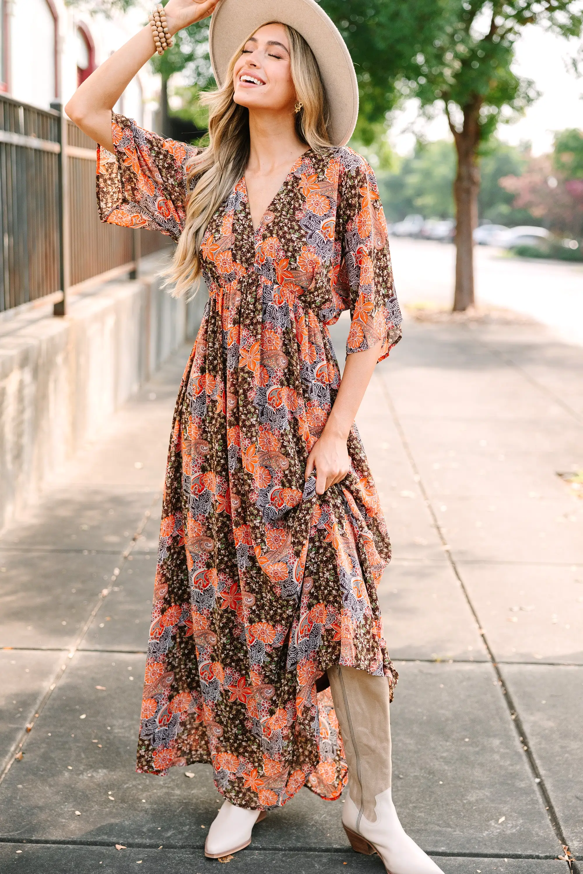 On The Edge Brown Ditsy Floral Maxi Dress