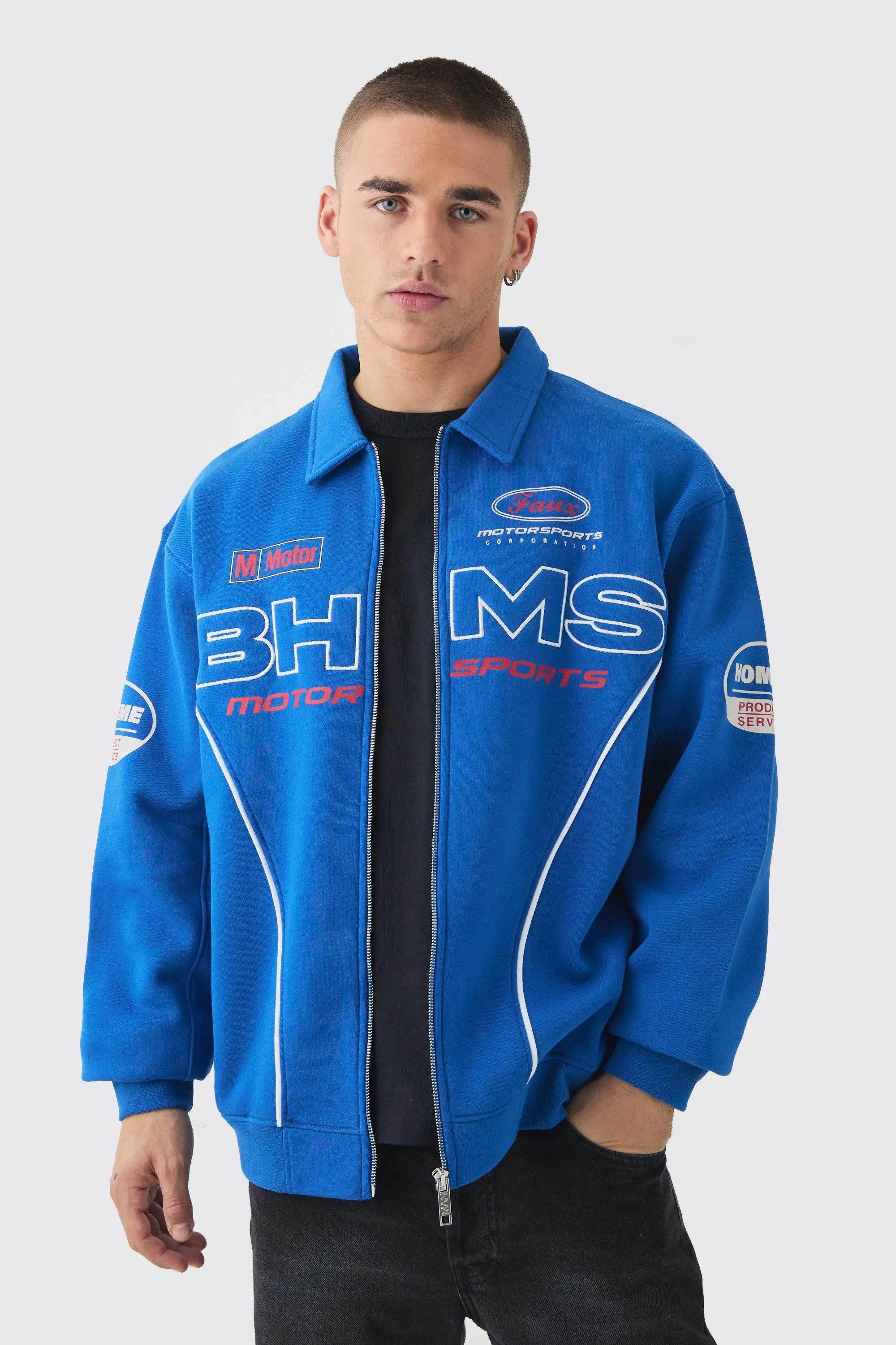 Oversized Varsity Bhms Embroidered Jersey Knit Bomber Jacket