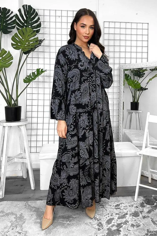 Pailey Print Grandad Collar Tiered Maxi Dress