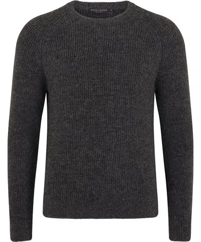 Paul James Knitwear Grey Mens Sheepsoft British Wool Byron Fisherman Rib Knit Jumper