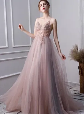 Pink Beaded High Slit Tulle V-neckline Long Party Dress, A-line Tulle New Prom Dress Evening Dress