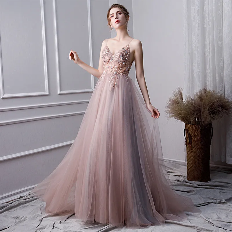 Pink Beaded High Slit Tulle V-neckline Long Party Dress, A-line Tulle New Prom Dress Evening Dress