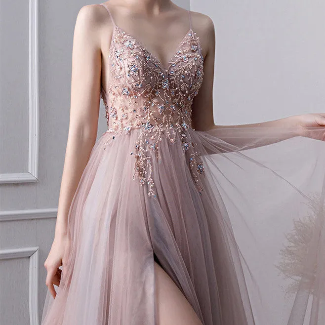 Pink Beaded High Slit Tulle V-neckline Long Party Dress, A-line Tulle New Prom Dress Evening Dress