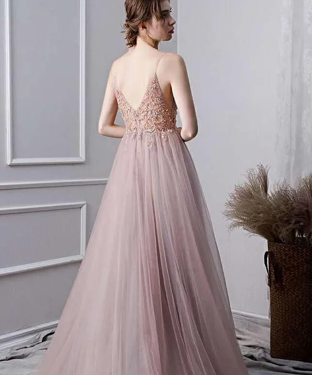 Pink Beaded High Slit Tulle V-neckline Long Party Dress, A-line Tulle New Prom Dress Evening Dress