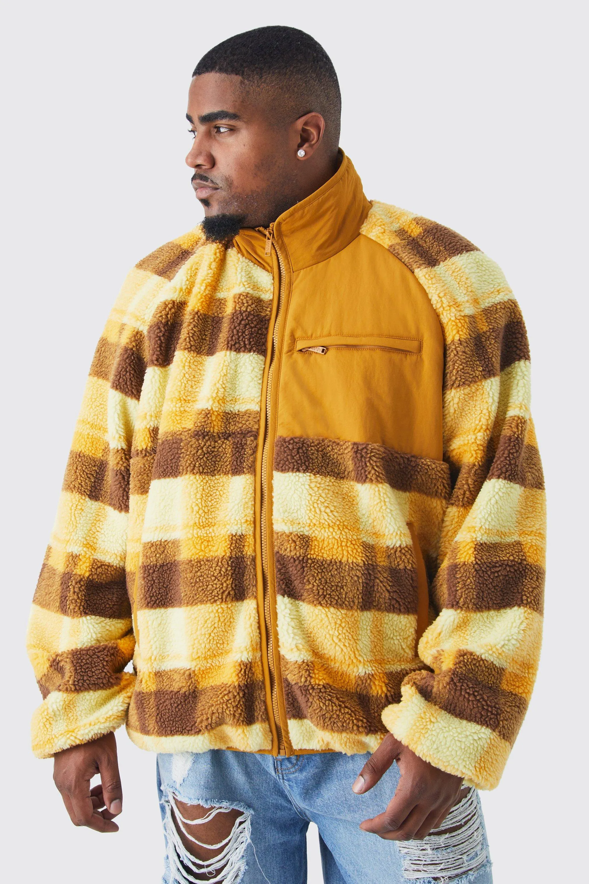 Plus Borg Check Print Jacket With Nylon Panel