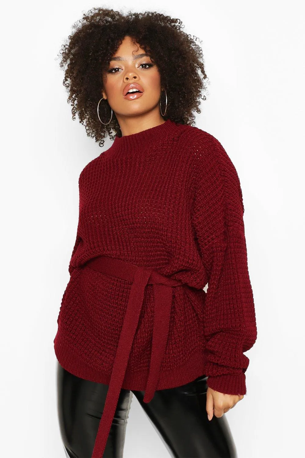 Plus Chunky Knitted Tie Belt Sweater