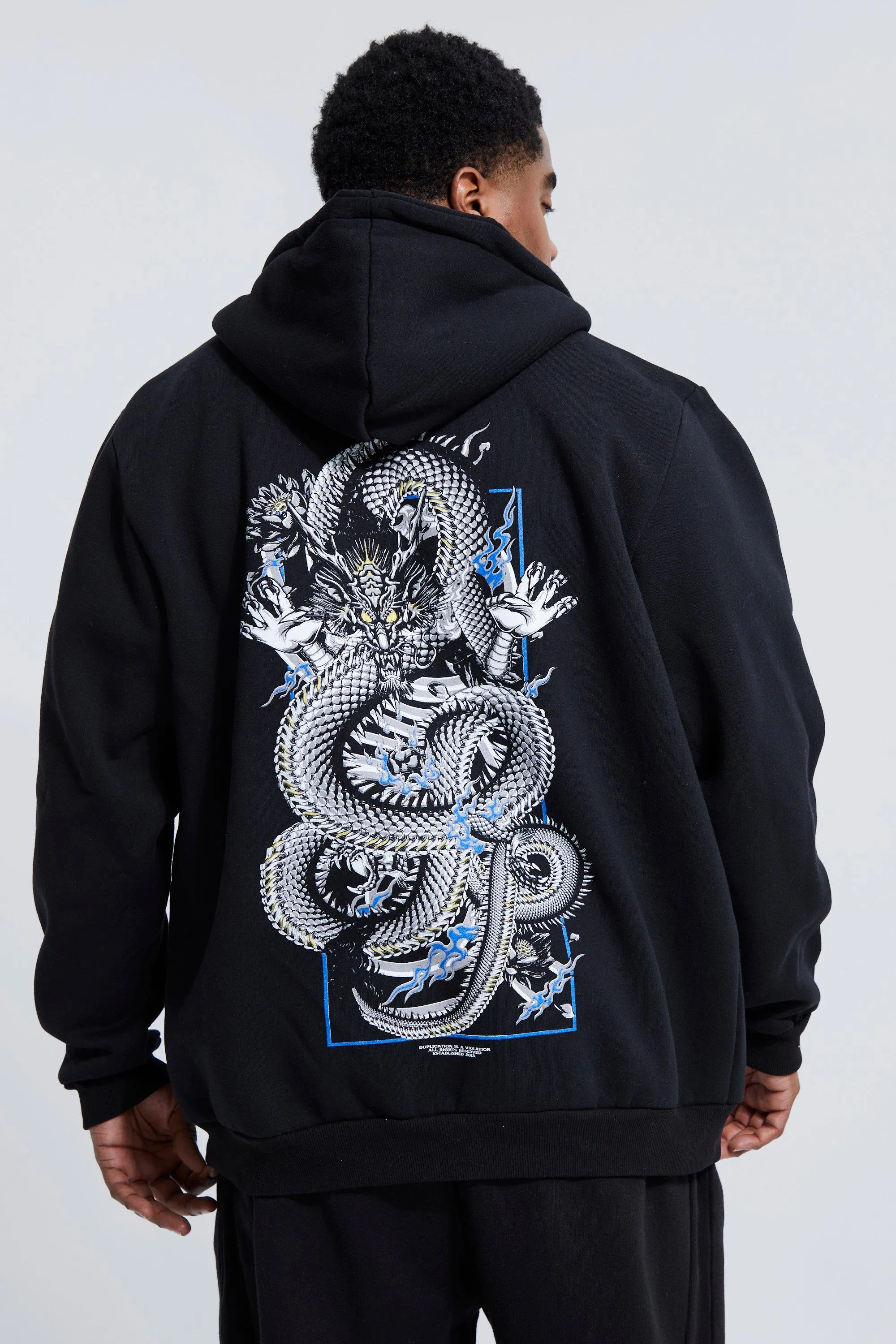 Plus Dragon Front And Back Zip Through Hoodie | boohooMAN UK