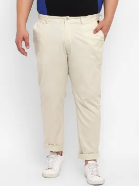 Plus Men's Cream Cotton Light Weight Non-Stretch Regular Fit Casual Trousers