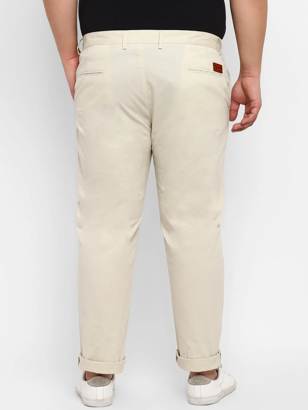 Plus Men's Cream Cotton Light Weight Non-Stretch Regular Fit Casual Trousers