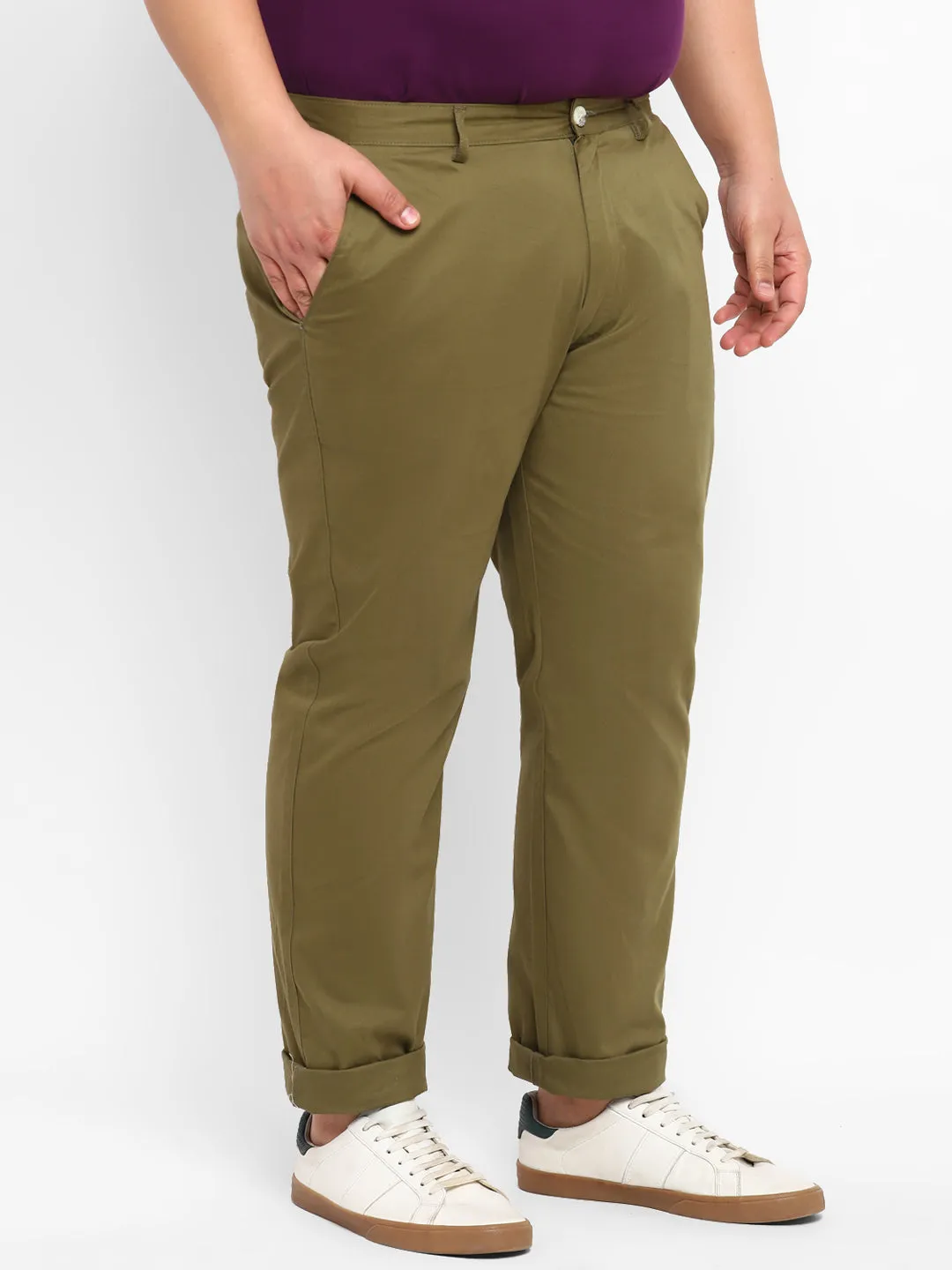 Plus Men's Green Cotton Light Weight Non-Stretch Regular Fit Casual Trousers