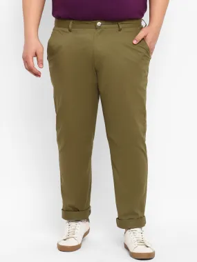 Plus Men's Green Cotton Light Weight Non-Stretch Regular Fit Casual Trousers