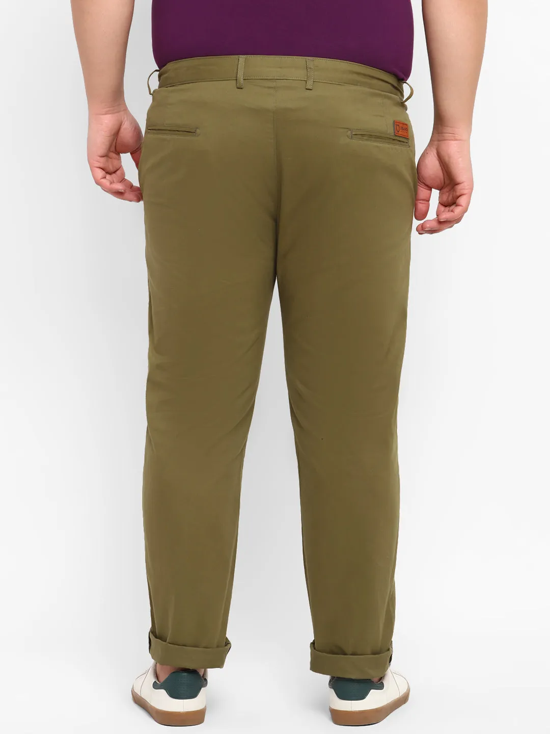 Plus Men's Green Cotton Light Weight Non-Stretch Regular Fit Casual Trousers