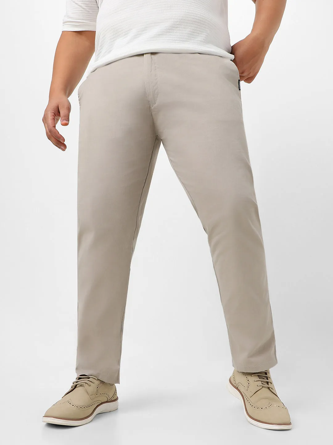 Plus Men's Grey Cotton Light Weight Non-Stretch Regular Fit Casual Trousers