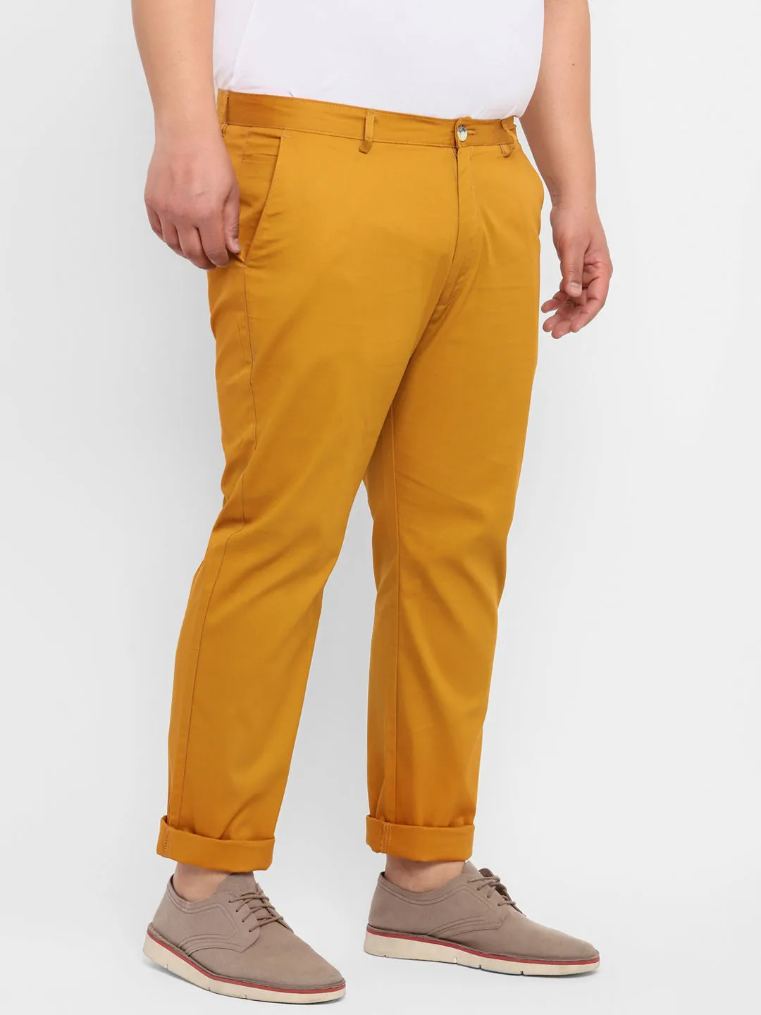 Plus Men's Yellow Cotton Light Weight Non-Stretch Regular Fit Casual Trousers