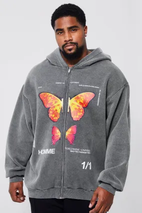 Plus Oversized Acid Wash Graphic Zip Hoodie | boohooMAN UK