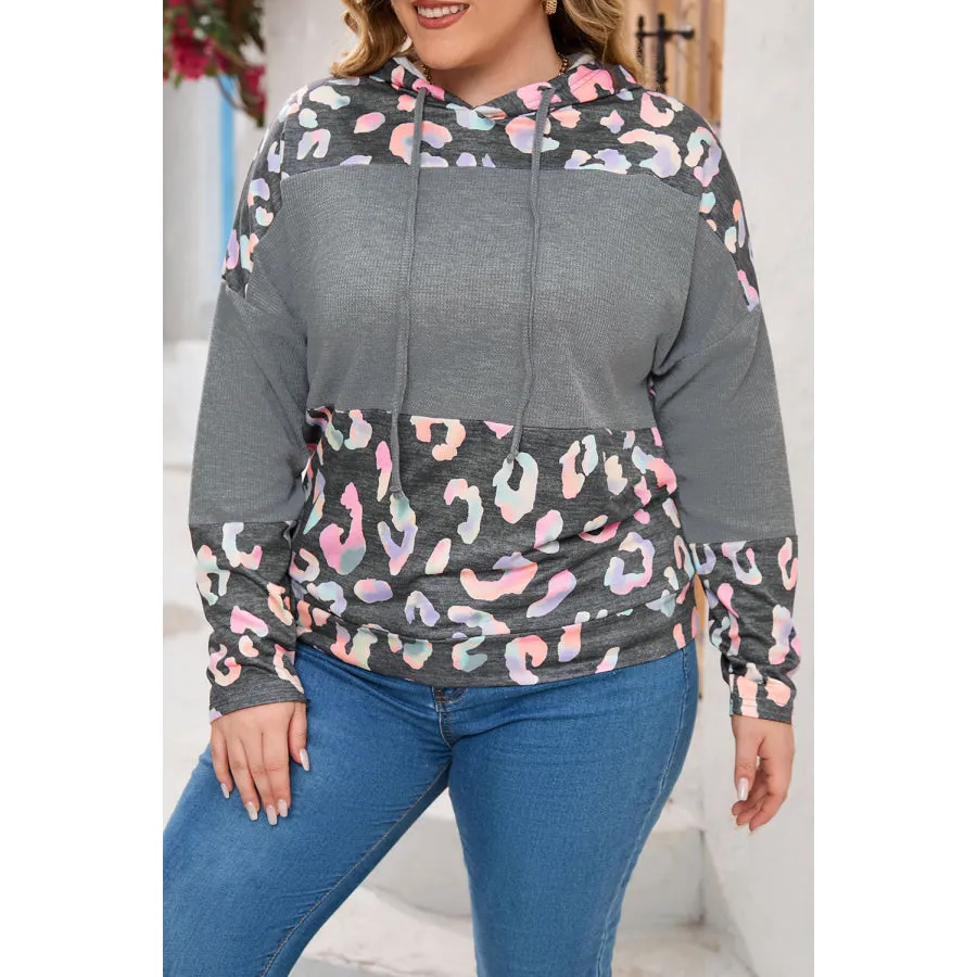 Plus Size Leopard Dropped Shoulder Long Sleeve Hoodie