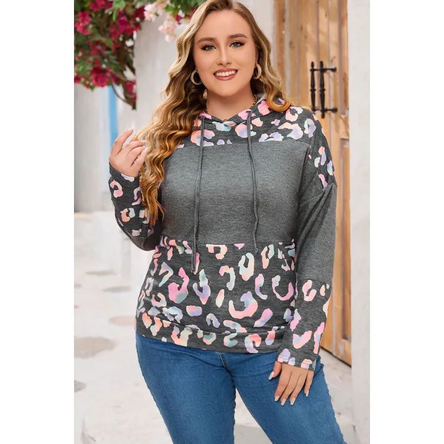 Plus Size Leopard Dropped Shoulder Long Sleeve Hoodie