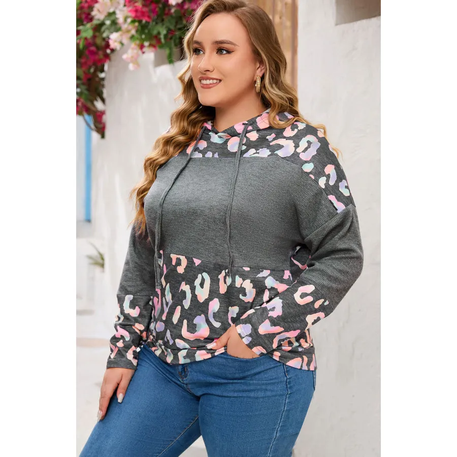 Plus Size Leopard Dropped Shoulder Long Sleeve Hoodie