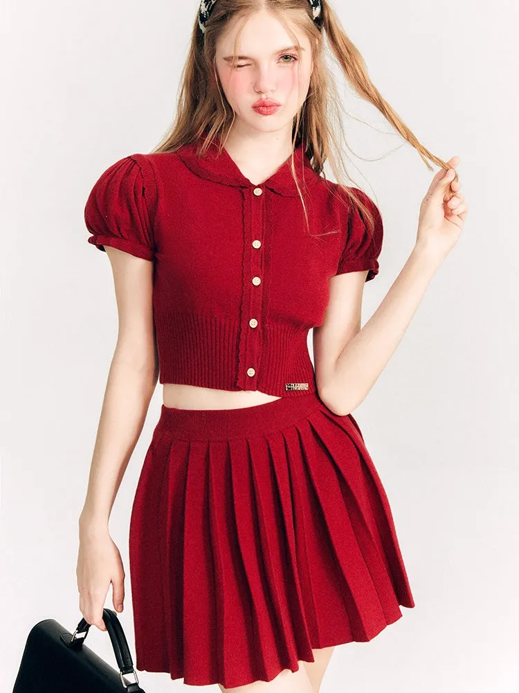 Puff Sleeve Knitted Sweater ＆ Pleated Mini Skirt