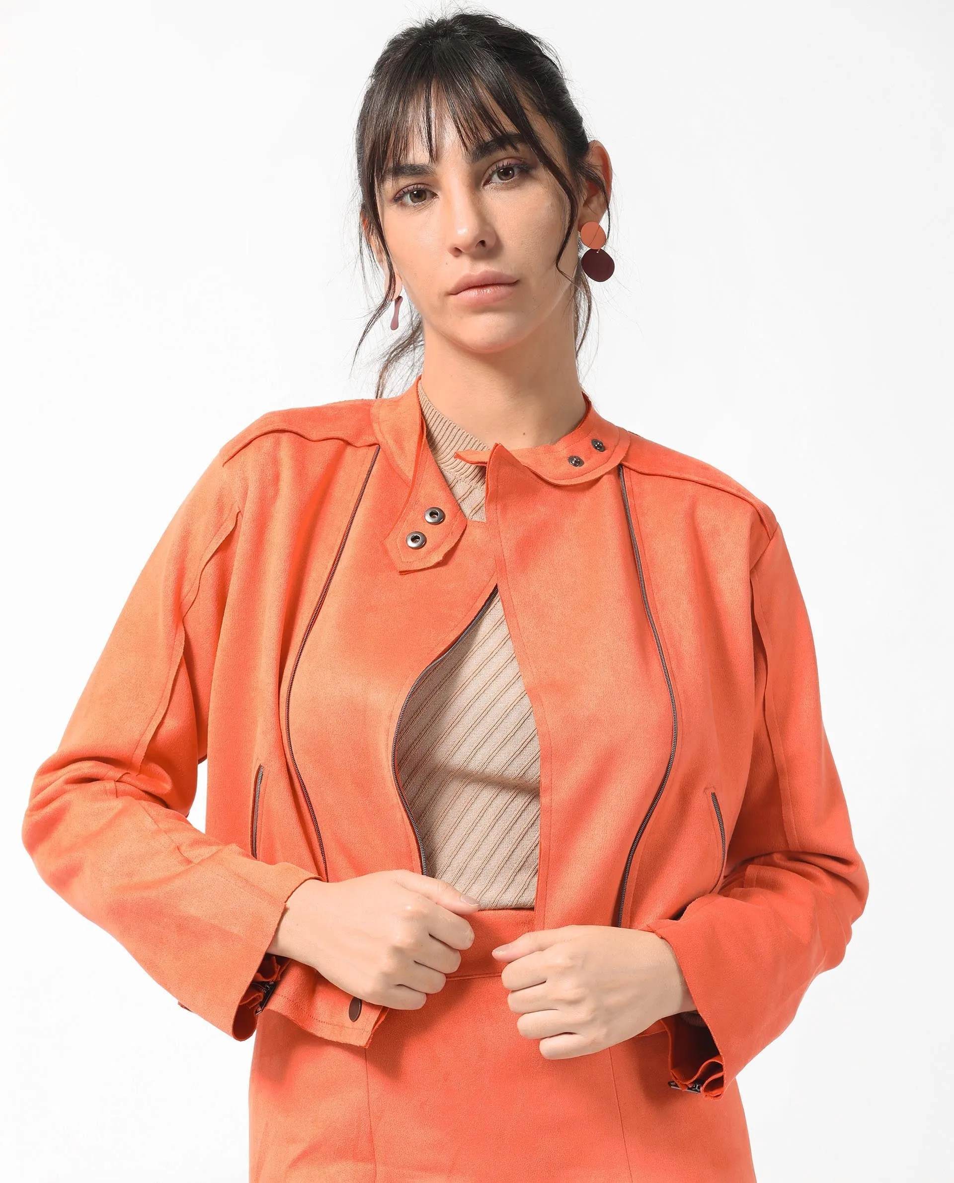 Rareism Women Everlee Orange Polyester Fabric Full Sleeves Solid Mandarin Collar Jacket