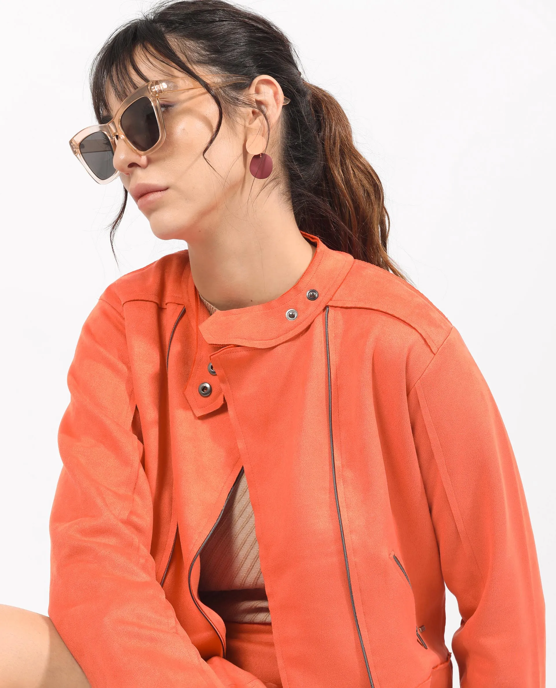 Rareism Women Everlee Orange Polyester Fabric Full Sleeves Solid Mandarin Collar Jacket