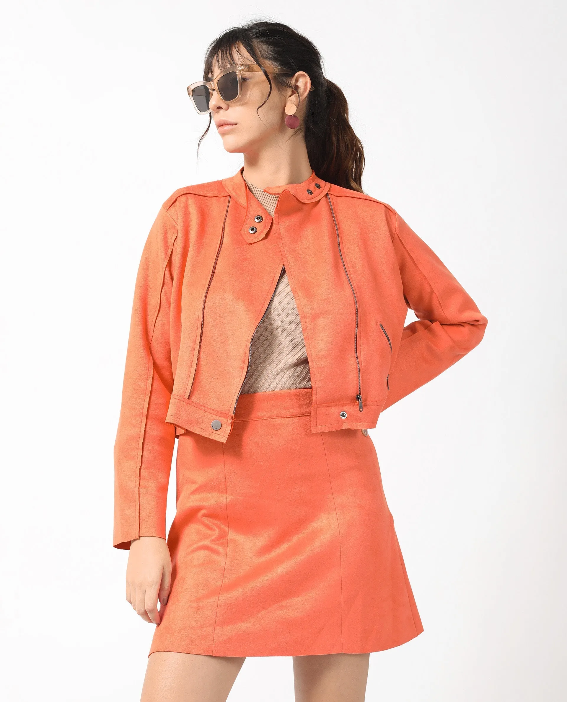 Rareism Women Everlee Orange Polyester Fabric Full Sleeves Solid Mandarin Collar Jacket