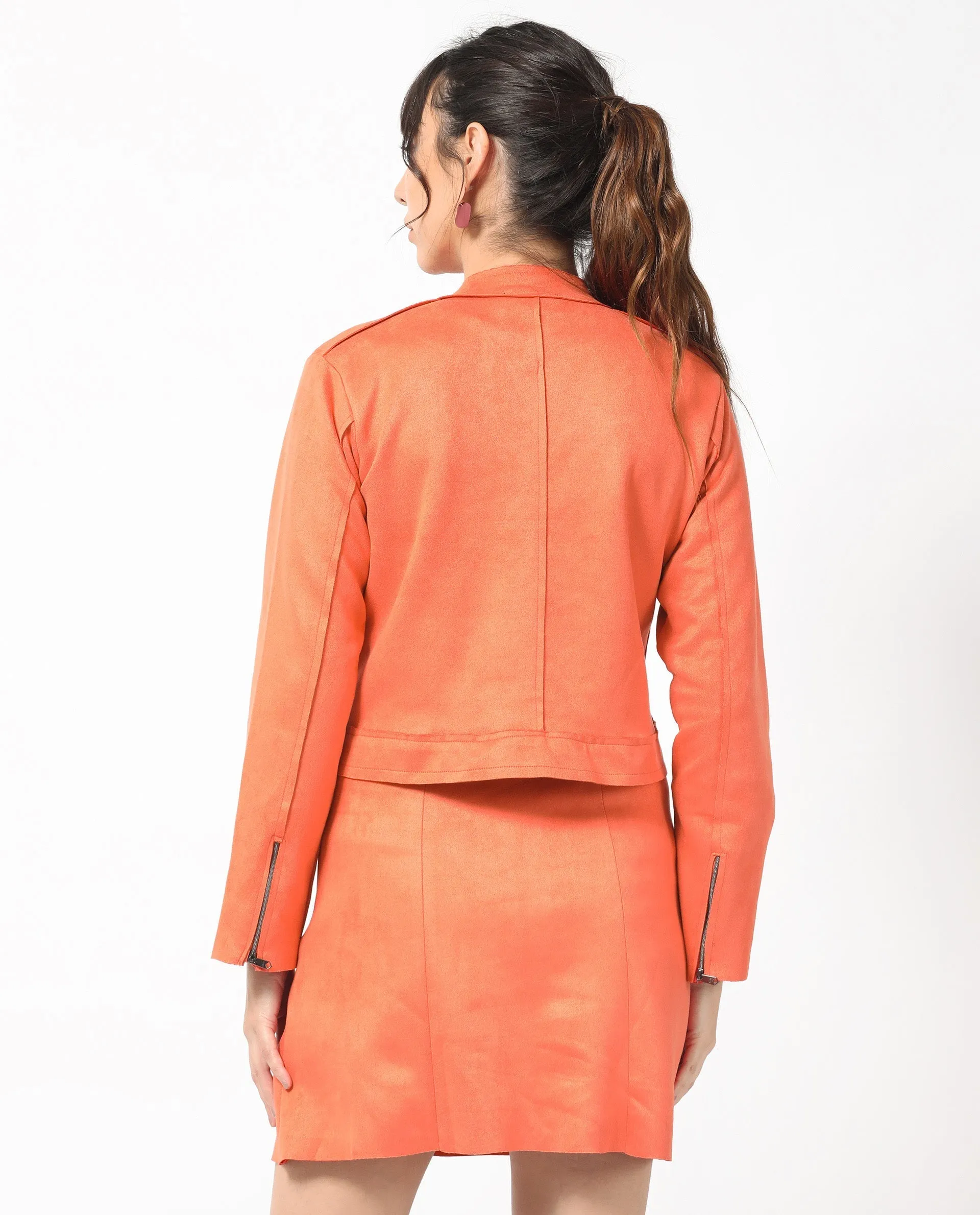 Rareism Women Everlee Orange Polyester Fabric Full Sleeves Solid Mandarin Collar Jacket