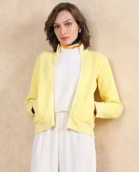 Rareism Women Tunceli Light Yellow Full Sleeve Band Collar Zipper Closure Plain Jacket