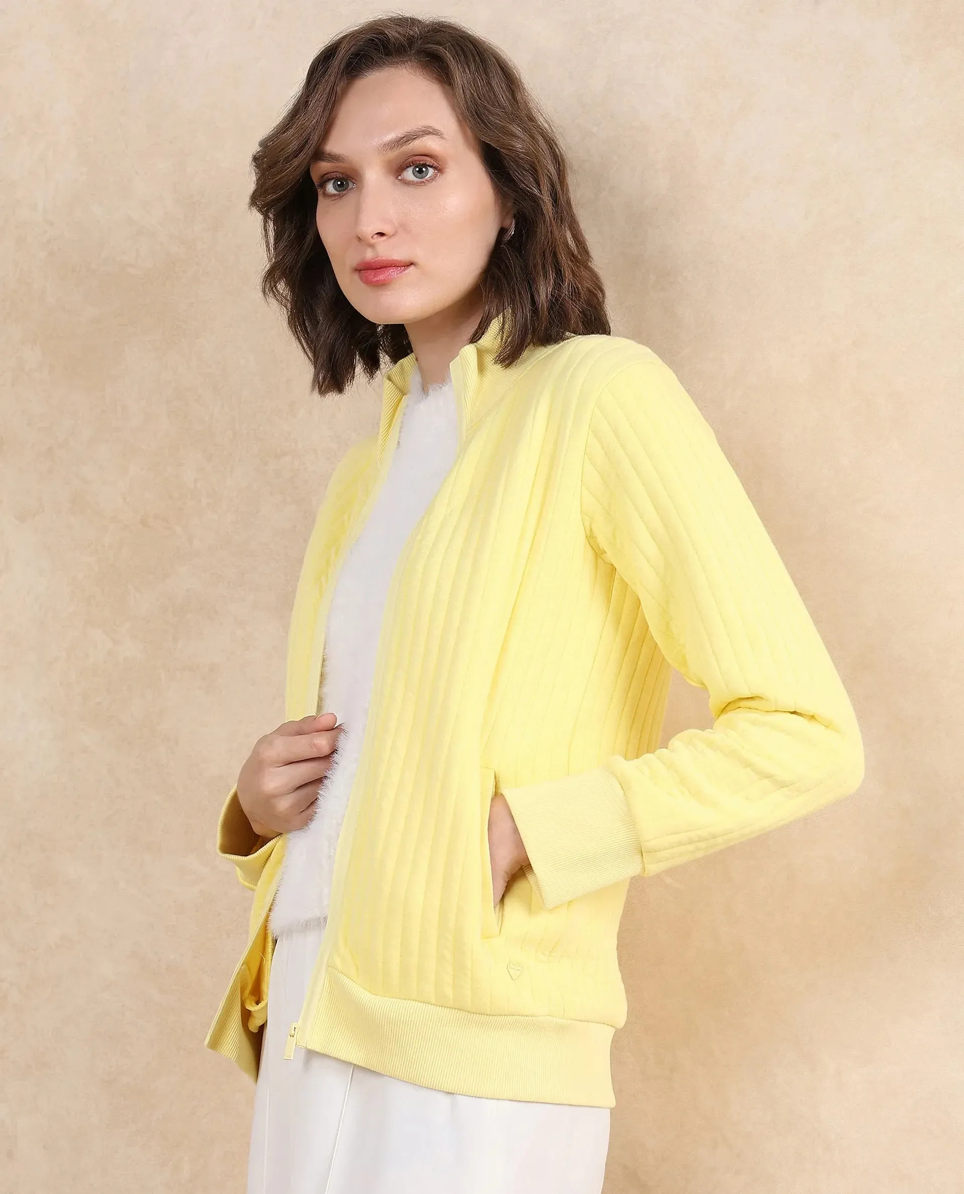 Rareism Women Tunceli Light Yellow Full Sleeve Band Collar Zipper Closure Plain Jacket