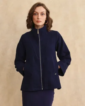 Rareism Women Whyla Navy Raglan Sleeves Stand Collar Zipper Closure Boxy Fit Plain Jacket