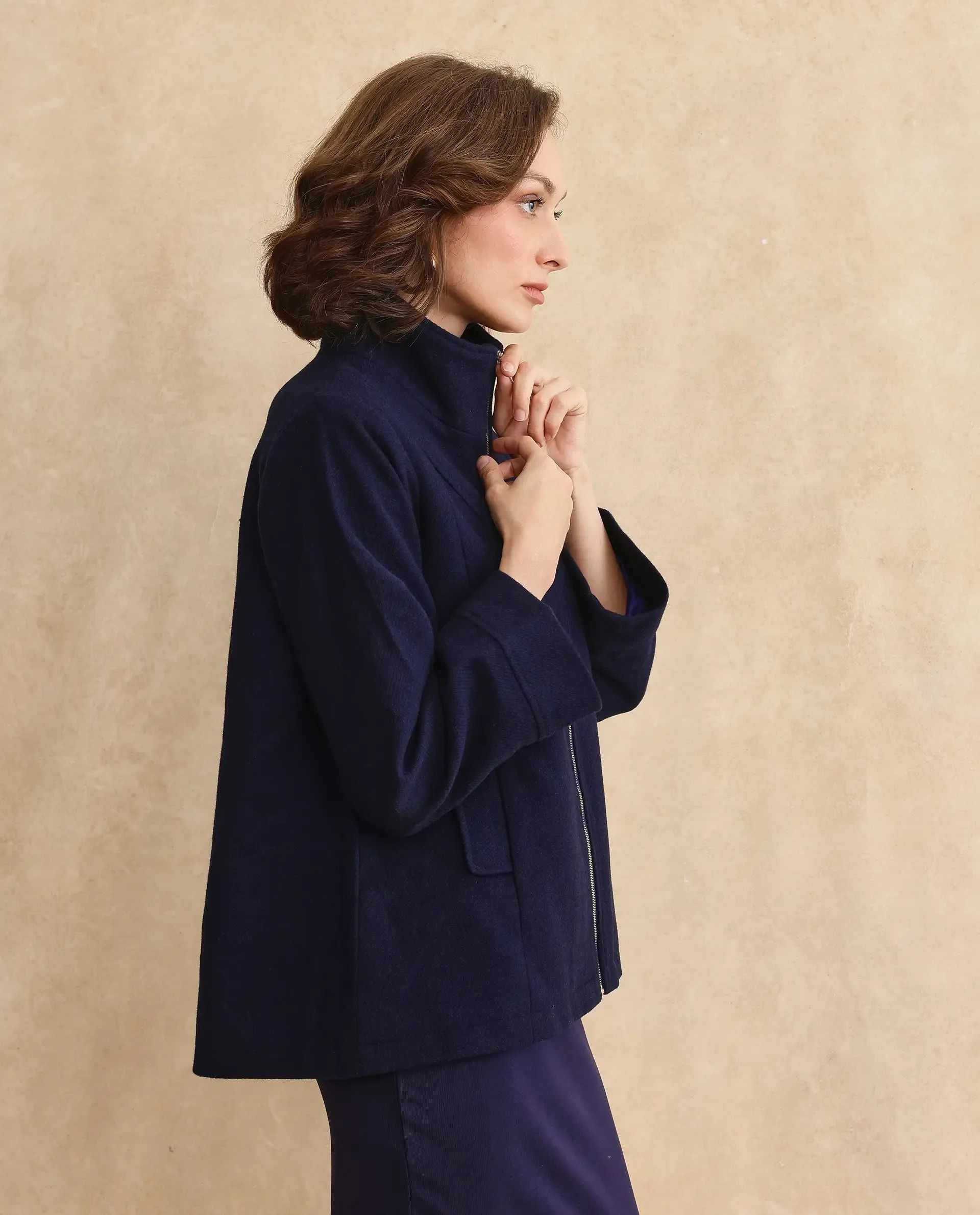 Rareism Women Whyla Navy Raglan Sleeves Stand Collar Zipper Closure Boxy Fit Plain Jacket