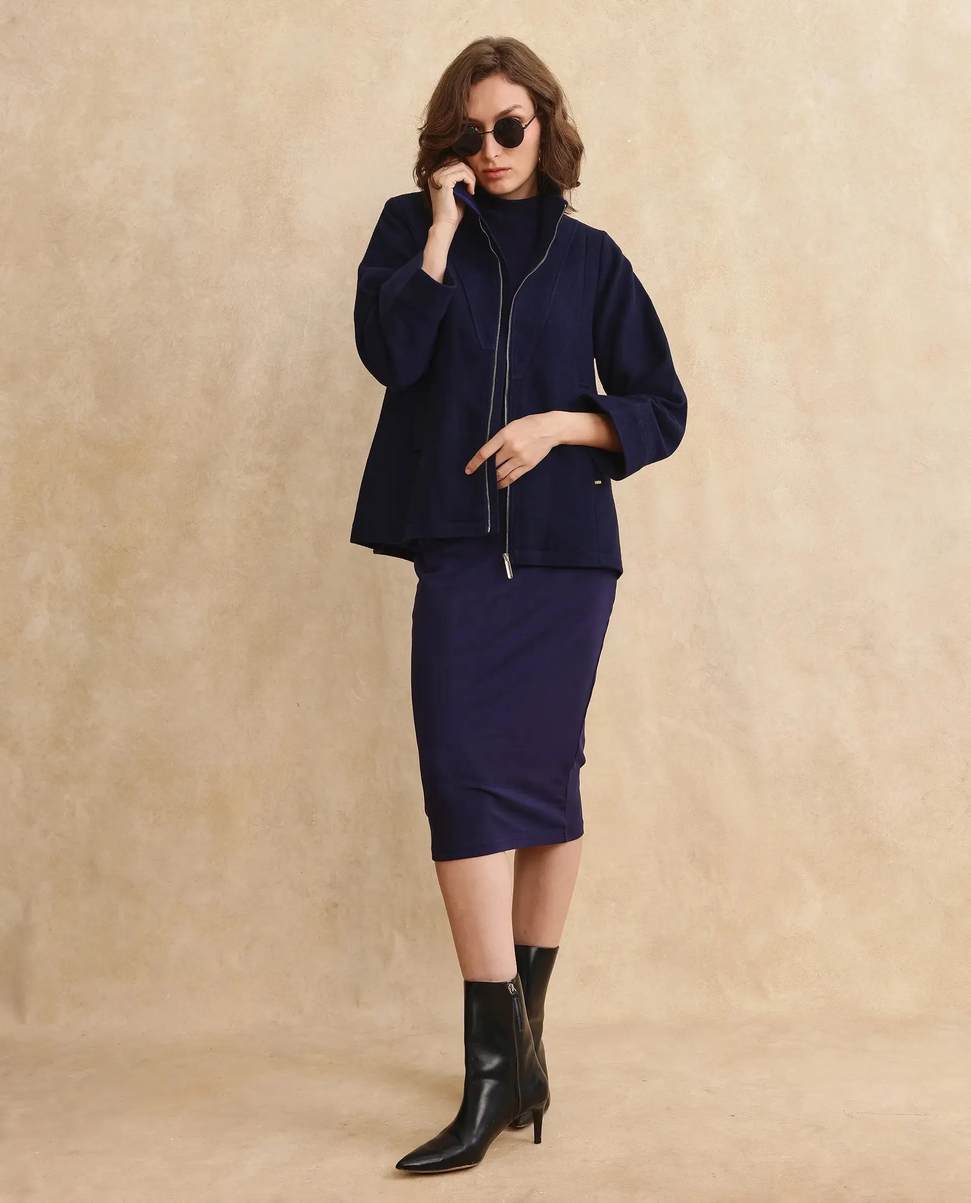 Rareism Women Whyla Navy Raglan Sleeves Stand Collar Zipper Closure Boxy Fit Plain Jacket