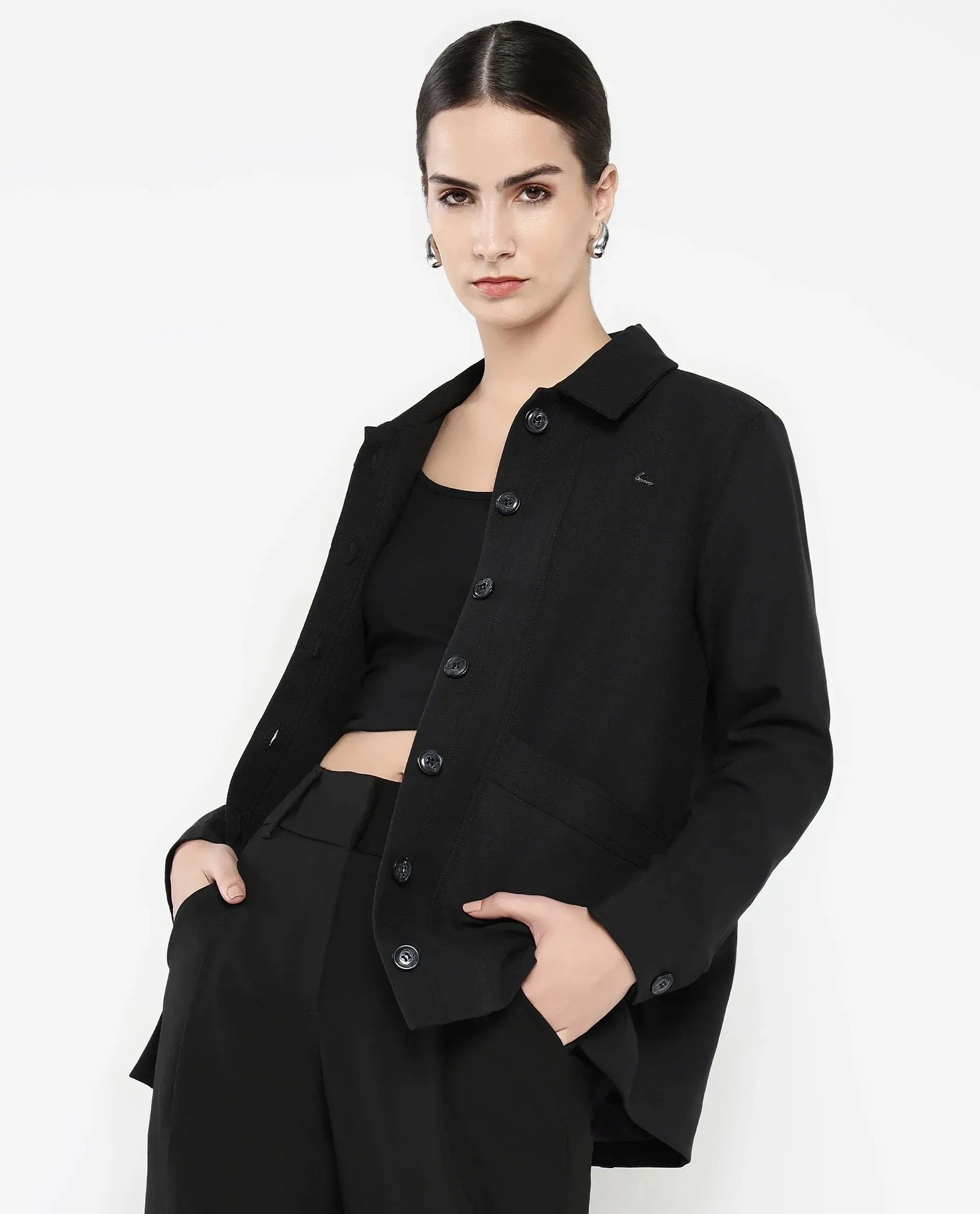 Rareism Women Yeppon Black Cuffed Sleeve Collared Neck Button Closure Boxy Fit Hip Length Plain Jacket