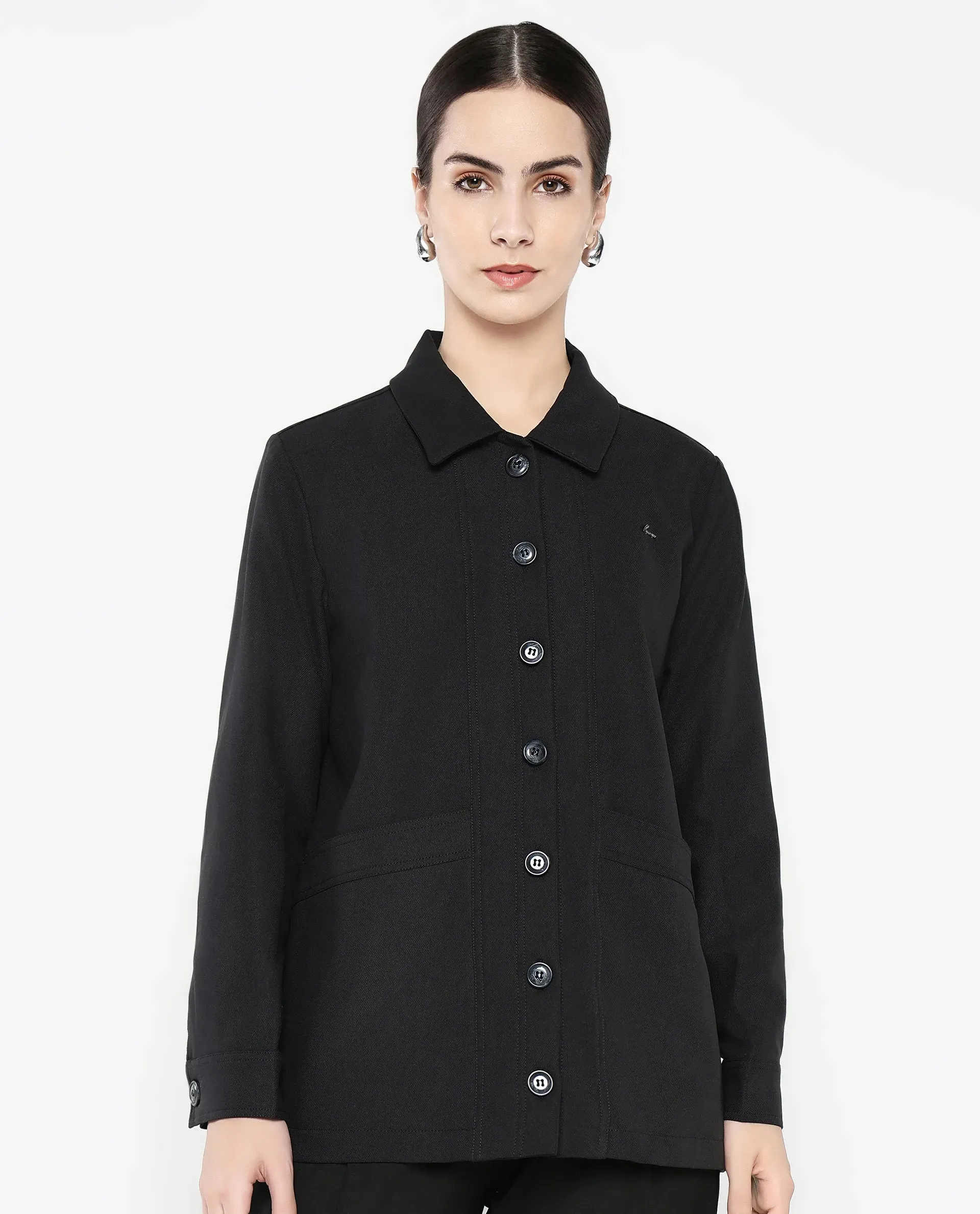 Rareism Women Yeppon Black Cuffed Sleeve Collared Neck Button Closure Boxy Fit Hip Length Plain Jacket